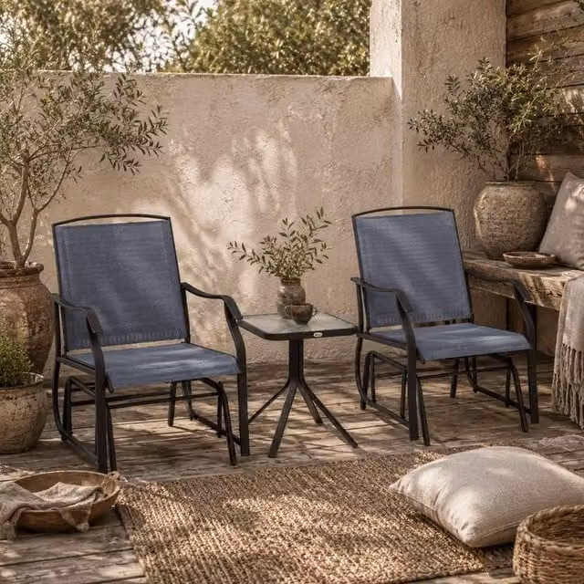 Wyld Haus Banafa 3 Piece Outdoor Glider Bistro Set with Grey Textilene Chairs and Glass Top Table – 1