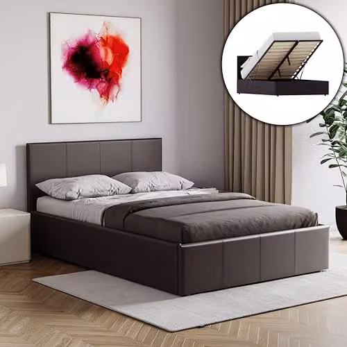 Vida Designs Lisbon Small Double Ottoman Bed Frame in Brown Faux Leather with Gas Lift Storage, H 87 x W 128 x D 200 cm – 3
