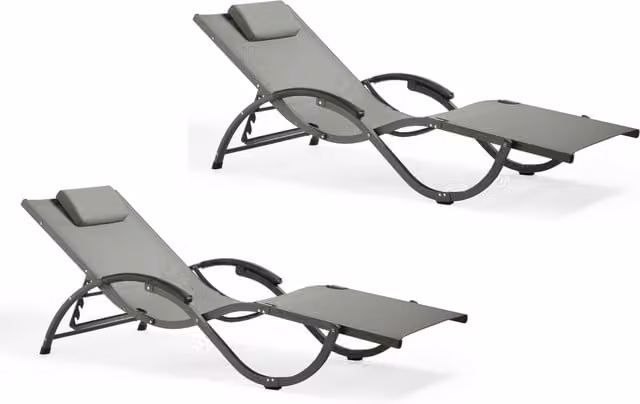 VonHaus Set of 2 Reclinable Textilene Sunloungers with Adjustable Padded Headrest in Black and Grey