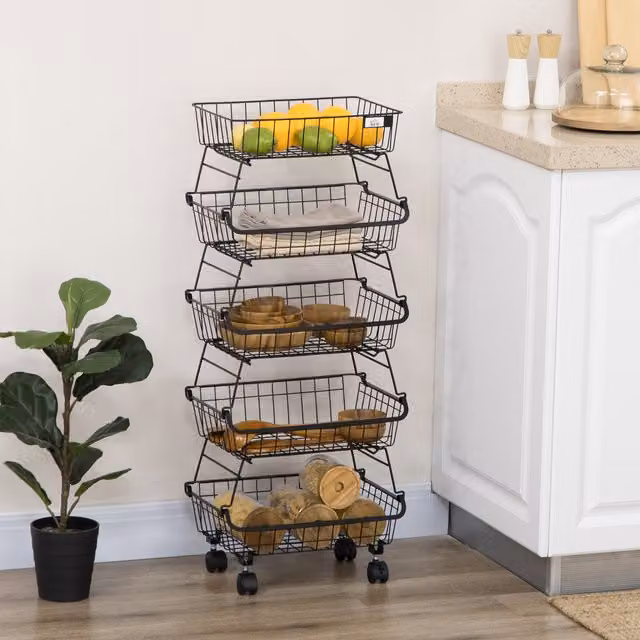 HOMCOM 5 Tier Black Metal Kitchen Storage Trolley Cart and Vegetable Rack
