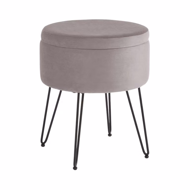 GFW Avery Velvet Storage Stool in Grey with Metal Frame, W/D/H: 38.0 x 45.0 x 38.0 cm