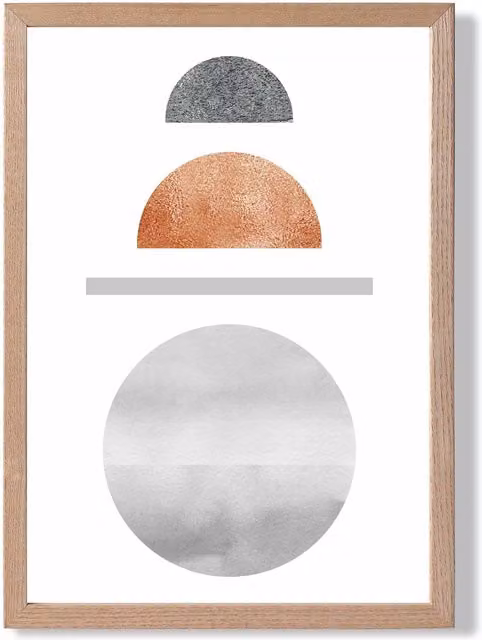 ARTZE Mid Century Geometric Semi Circles Framed Print in Copper and Grey with Oak Frame, A2