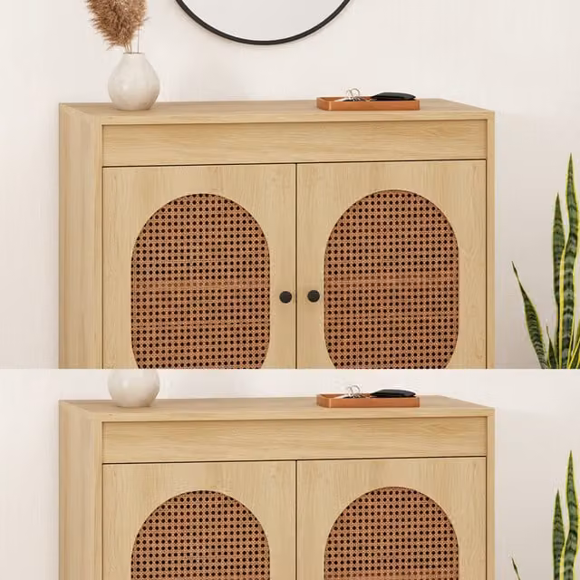 COSTWAY Boho Sideboard Buffet Cabinet in Natural Brown and Beige with Rattan and Wood Details
