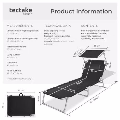 tectake Folding Sun Lounger in Black with Sun Canopy and Adjustable Headrest, W/D/H: 190 x 68 x 111 cm – 3