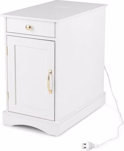 Costway White End Table with Charging Station and Narrow Bedside Design – 1