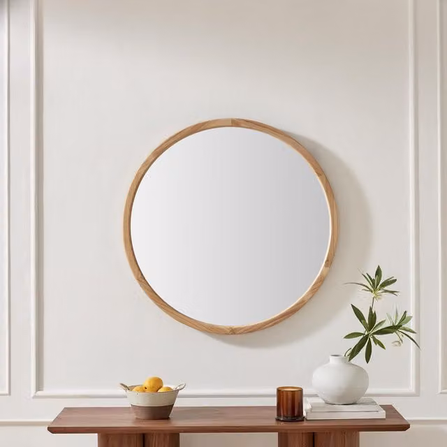 FurnitureboxUK Judith Wood Mid-Century Round Wall Mirror, Brown, Diameter: 80 cm