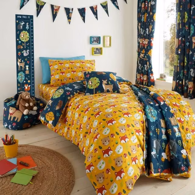 Happy Linen Company Woodland Friends Kids Reversible Duvet Cover and Pillowcase Set, Blue/Multicolour, Duvet Cover: 140 x 200 cm, Pillowcase: 50 x 75 cm