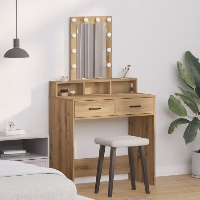 Berkfield Home Artisan Oak Dressing Table with Hollywood LED Lights in Brown, W: 79 cm, D: 41 cm, H: 140 cm – 1
