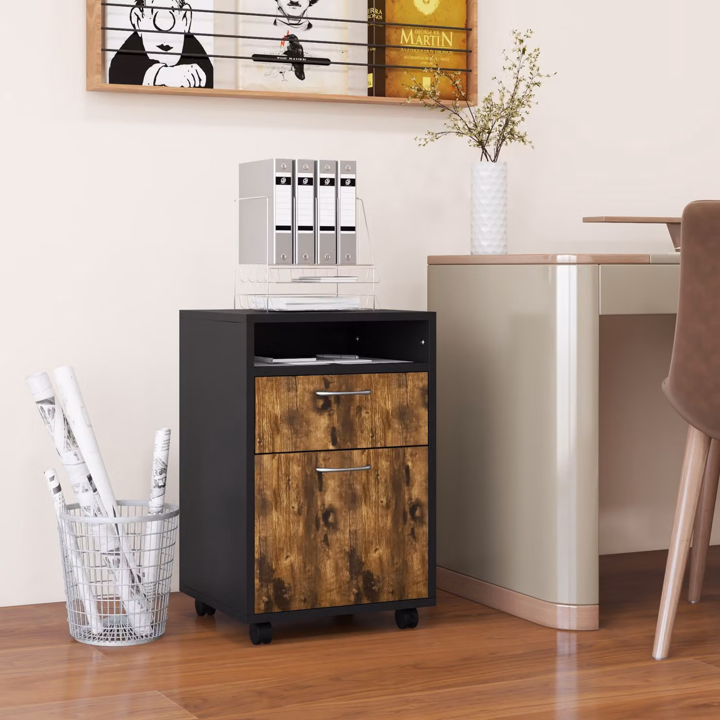 HOMCOM Mobile Storage Cabinet in Rustic Brown with Drawer, Open Shelf, Metal Handles and 4 Wheels – 2