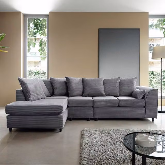Abakus Direct Jumbo Cord Large L-Shape Corner Sofa in Grey with Scatter Cushions