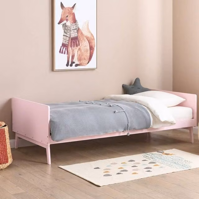 Wyld and Coco Scandinavian Single Bed in Pastel Pink Pine with Slatted Base, W: 90 cm, L: 200 cm