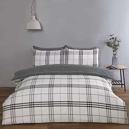 Rapport Home Harris Check Grey Microfibre Single Bedding Set, Reversible Duvet Cover and Pillowcase, W/D/H: 135 x 200 cm and 50 x 75 cm – 1