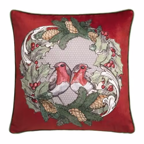 House of Llewelyn-Bowen Festive Robin Red Velvet Filled Cushion, W/D/H: 43 x 43 x 43 cm – 4