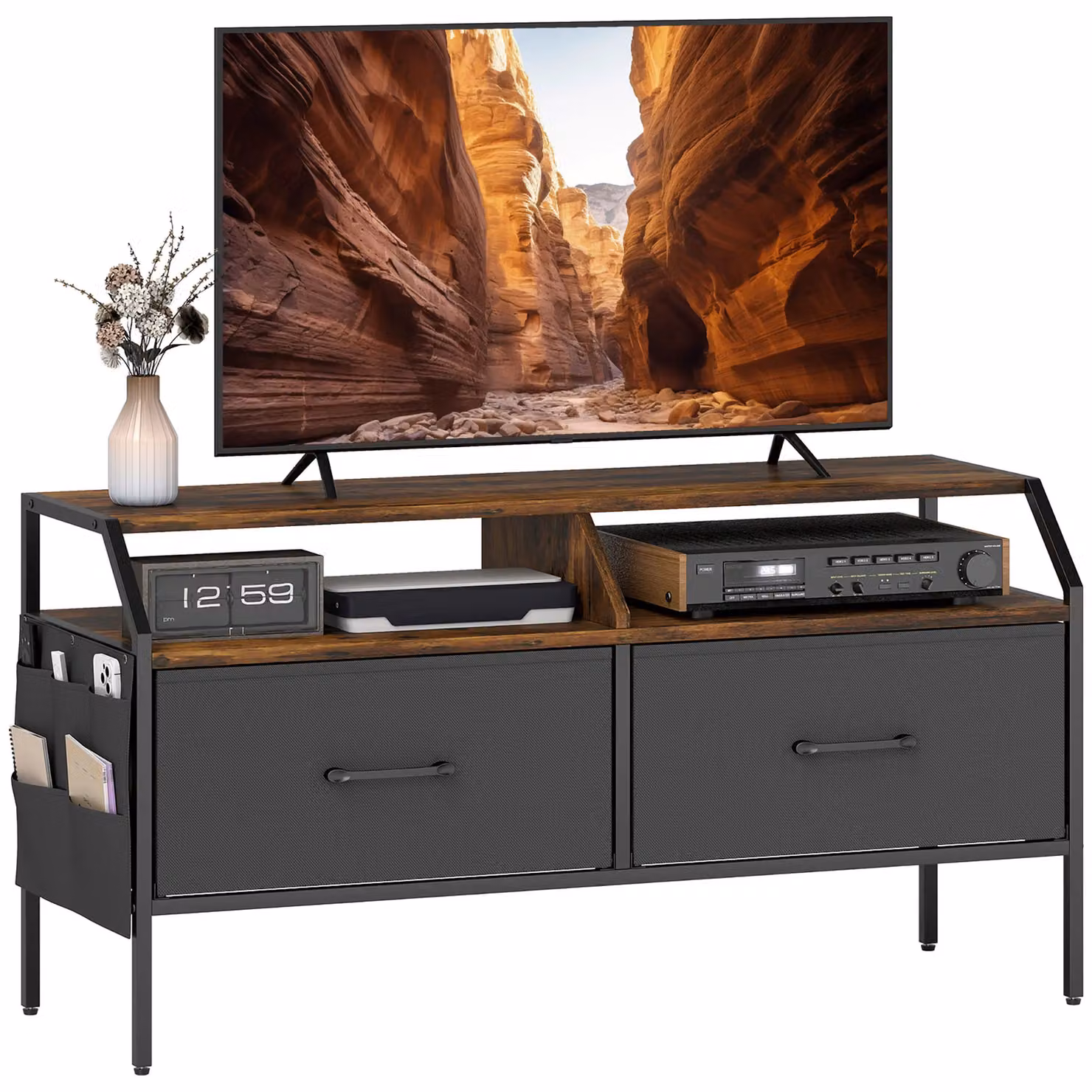 HOMCOM Rustic Brown TV Stand Cabinet with 2 Foldable Drawers, W: 90 cm, D: 35 cm – 2