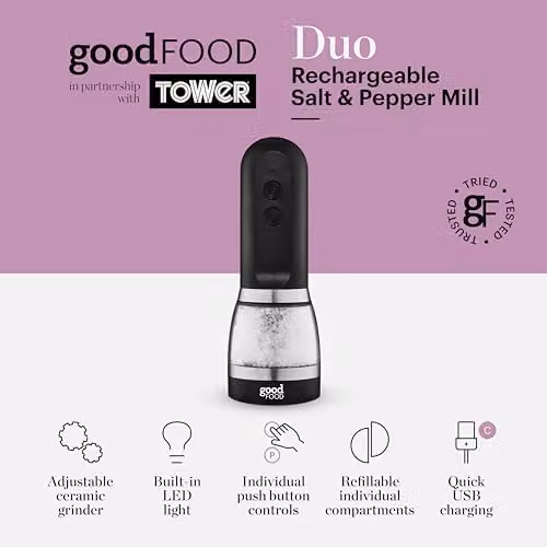 Tower Good Food in Partnership Duo Salt and Pepper Mill, Rechargeable with Adjustable Ceramic Grinders, Black and Silver, GF847069 – 2