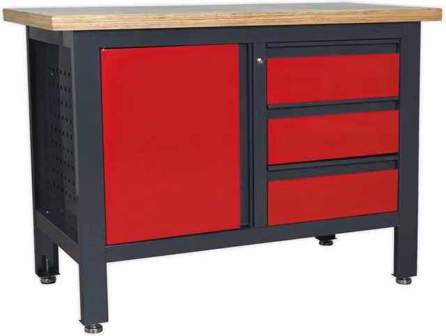 Loops Red Central Locking Storage and Work Top Station with 3 Drawers, Cupboard and Pegboard – 1
