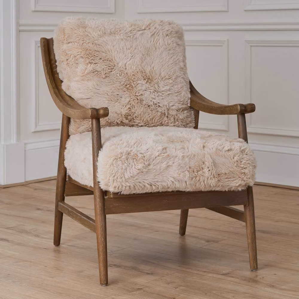Voyage Maison Struan Oak Wood Lounge Chair with Armrests and Faux Fur – 2