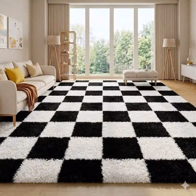 SPETLEK Black and White Fluffy Shaggy Rug for your Living Room, W/D/H: 300 x 200 x 1 cm – 1