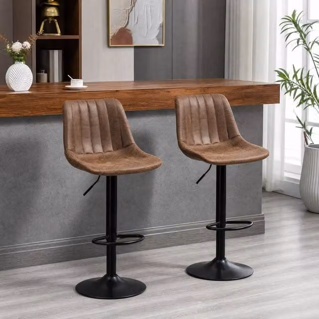 STILVORA Set of 2 Adjustable Height Brown Microfibre Bar Stools with 360 Degree Swivel