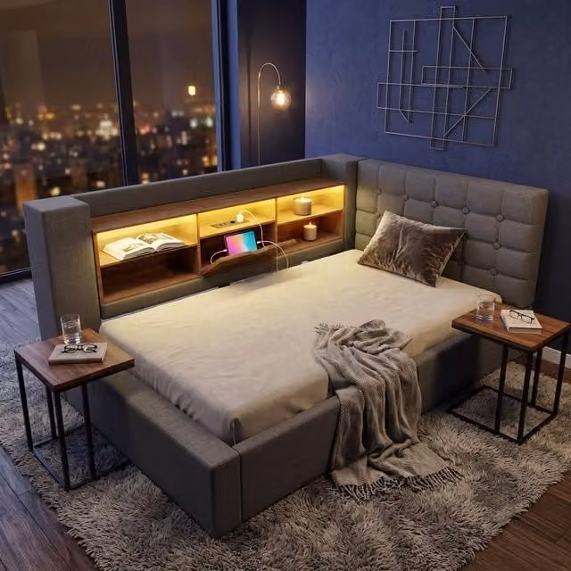 FENCHILIN Single Upholstered LED Daybed Frame in Grey with Hydraulic Storage and USB Charging Station