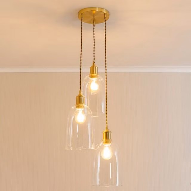 ValueLights Kira Glass Dome 3 Drop Cluster Ceiling Pendant Light with LED Bulbs in Brushed Gold