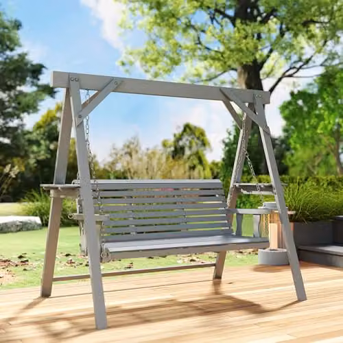 Outsunny 3 Seater Wooden Garden Swing Seat with Side Tables and Cushions, Grey, W/D/H: 217 x 124 x 171 cm – 7