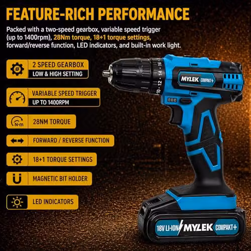 MYLEK MY18BCM1 18V Cordless Drill in Blue with 1400 mAh Li-Ion Battery, 28Nm Torque, 2-Speed Settings, LED Work Light and Accessory Kit – 2