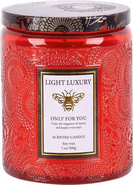 Livingandhome Red Floral Scented Soy Wax Tabletop Candle in a Round Embossed Glass Cup