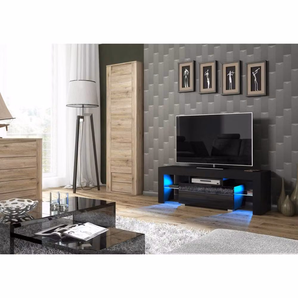 Creative Furniture Floe TV Unit in Black with Glossy Doors and LED Lights, W: 130 cm, H: 45 cm, D: 35 cm – 2