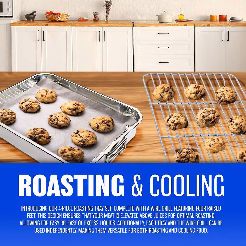 BARGAINS-GALORE Stainless Steel Non-Stick Rectangular Roasting Tray, Silver, W: 32 cm, D: 24 cm – 4