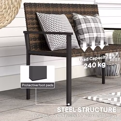 Outsunny 2 Seater Rattan Garden Bench with Quick-Drying Padding in Brown, W: 120 cm, D: 60 cm, H: 85 cm – 7
