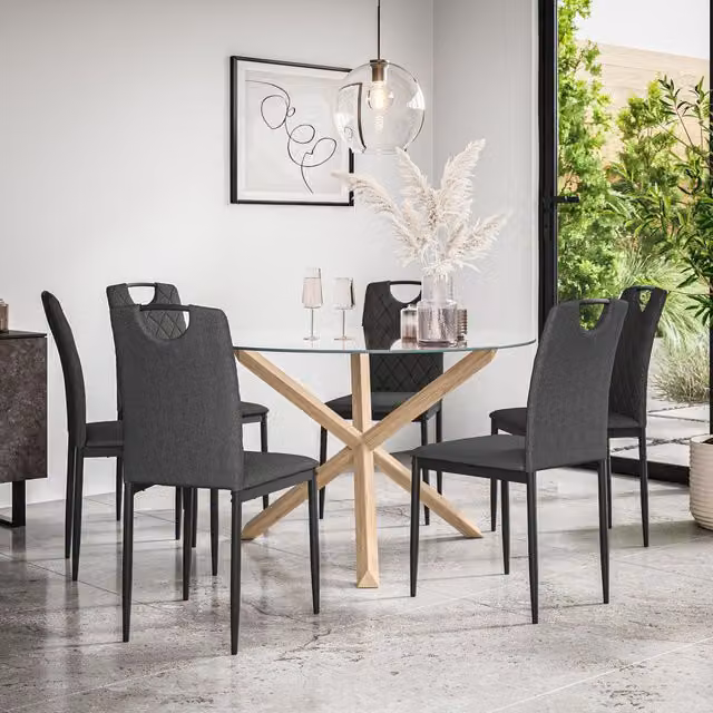 More4Homes Malvern Round Dining Table and 6 Monza Fabric Chairs Set, Clear Glass Top with Solid Oak Legs in Charcoal Grey