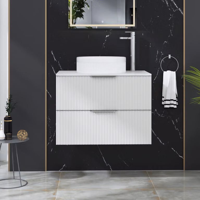 Royal Bathrooms Evora 700mm Matt White Fluted Wall Hung Countertop Vanity Unit with 2 Drawers and Round Basin
