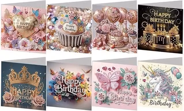 Syntego Pack of 8 Birthday Cards Diamond Art Kit, Multicolour