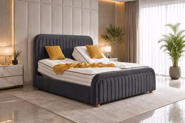 Soft Snooze Beds Premium Upholstered Adjustable Mobility Bed with Headboard and Mattresses, Dark Grey, W/D/H: 120 x 200 cm – 1