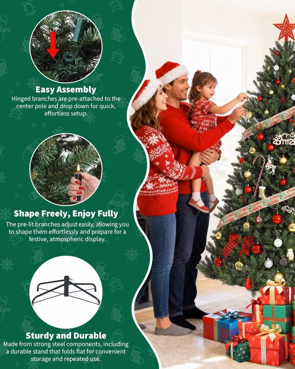 London Boutique 9ft Pre-Lit Artificial Christmas Fir Tree in Green – 4
