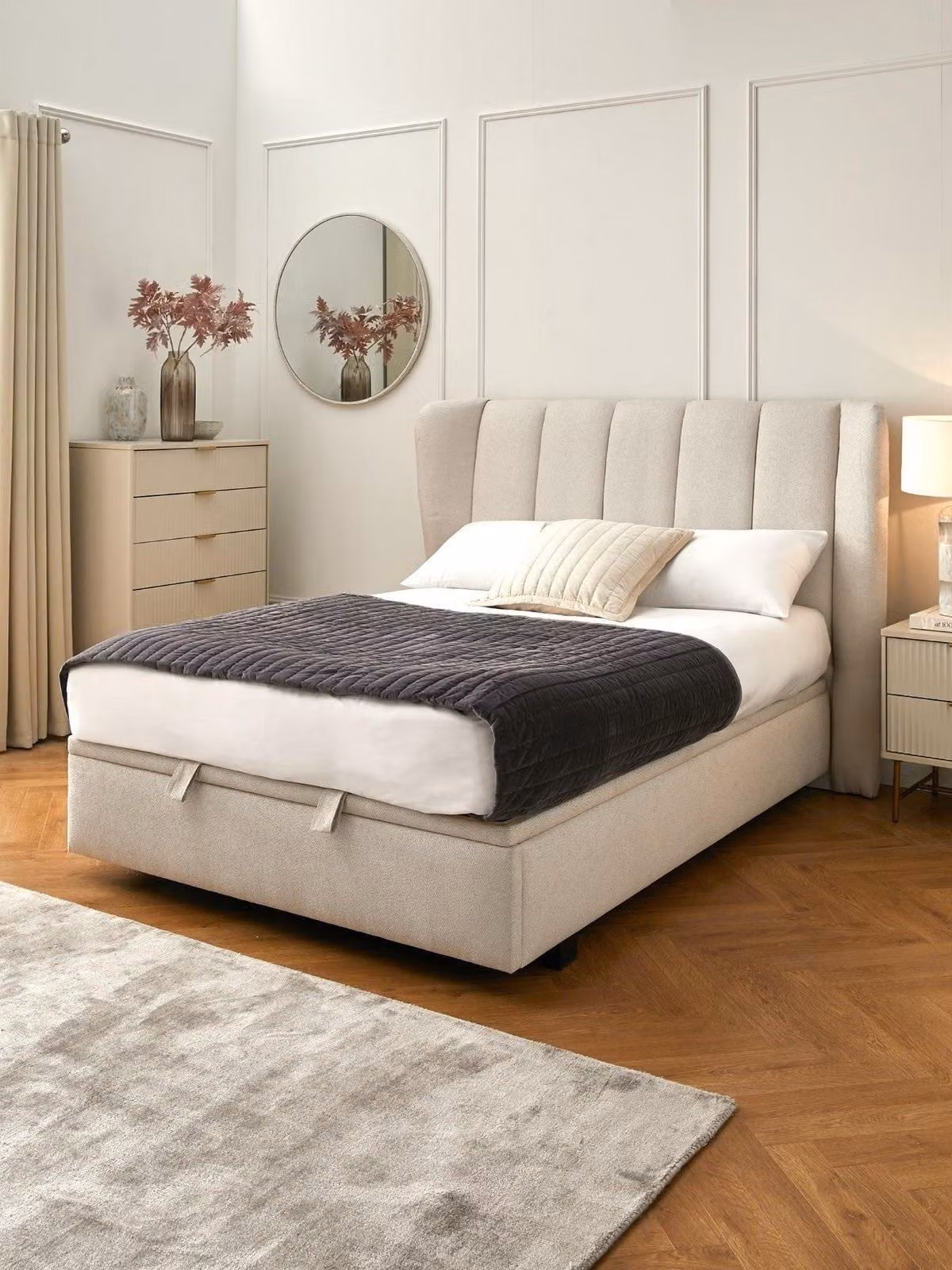 Jasper Lift Up Storage Double Bed in Beige Fabric with Winged Headboard and Ottoman Base, W/D/H: 140 x 200 x 179 x 126 cm