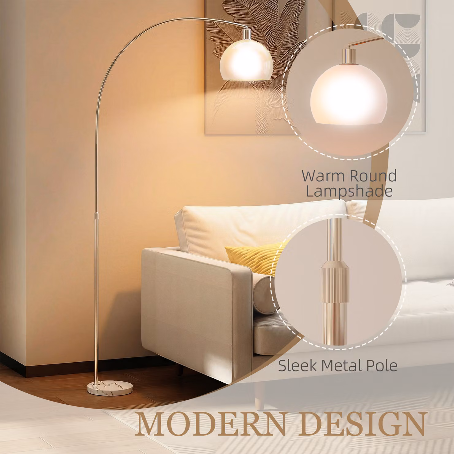 HOMCOM Modern White and Silver LED Floor Lamp with Foot Switch for Living Room, Bedroom or Home Office, H 180 cm – 3