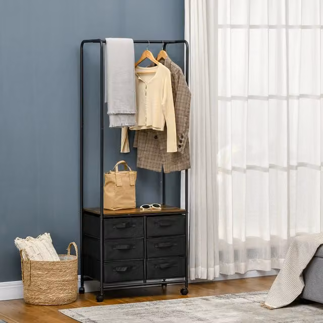 HOMCOM Hanging Clothes Rail Wardrobe Organiser with 6 Drawers, Black and Rustic Brown