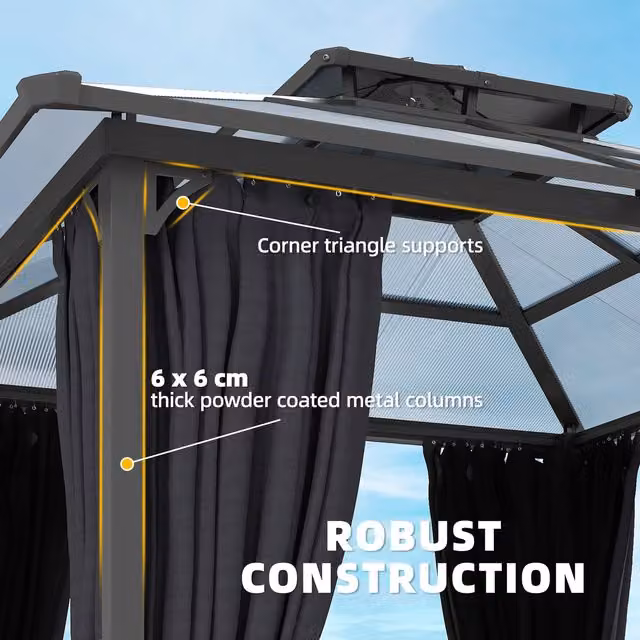 Outsunny Hardtop Garden Gazebo Canopy with Drainage Gutters and Polycarbonate Roof, Dark Grey, W: 250 cm x D: 250 cm