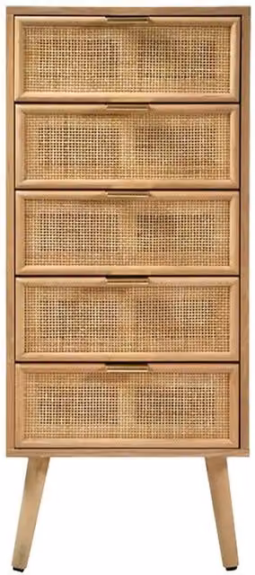 CALICOSY MIYA 5-Drawer Chest with Natural Rattan Fronts in Light Brown, W: 36.5 cm, H: 100.5 cm