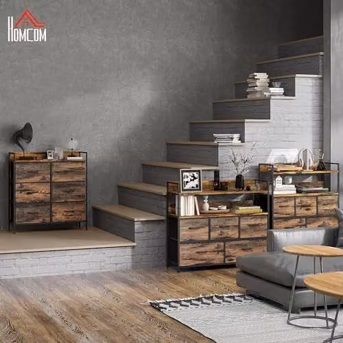 HOMCOM Industrial Chest of Drawers with 6 Fabric Drawers and Open Shelves, Brown – 5