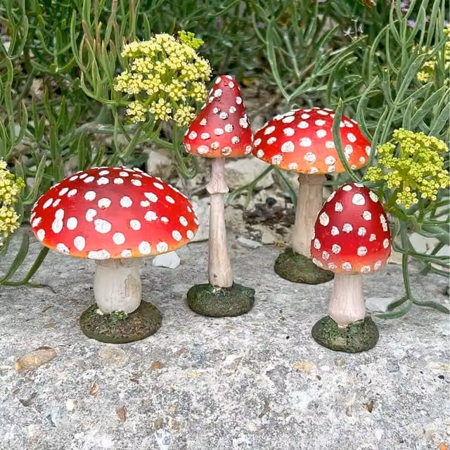 Boltze Set of Four Red Mushroom Toadstool Garden Ornaments in Resin