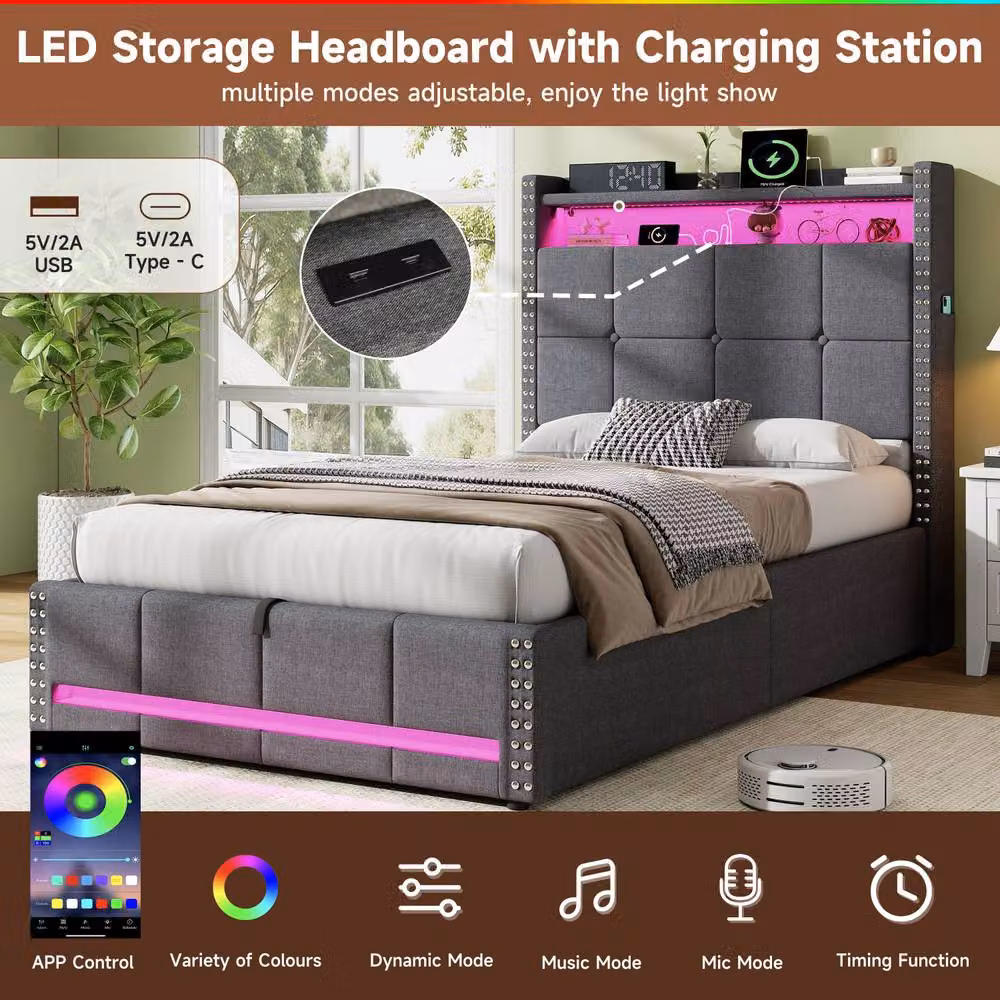 Merax 3FT Single Linen Ottoman Bed in Grey with LED Lighting and USB Charging Headboard, W/D/H: 90 x 190 x 115 cm – 4