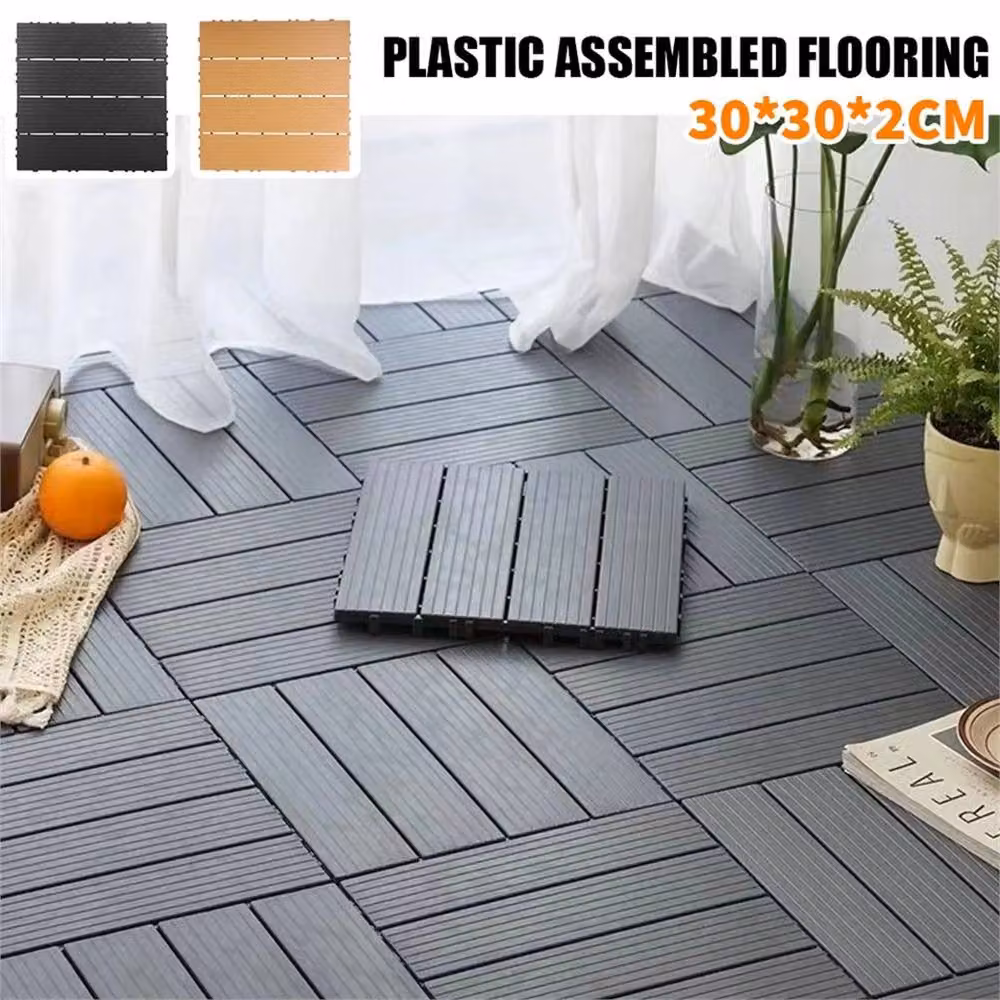 NESTLUNE Grey Heavy Duty Anti-Slip Interlocking Deck Tiles, 12 Pack, W: 52 cm, D: 52 cm, H: 2 cm – 2