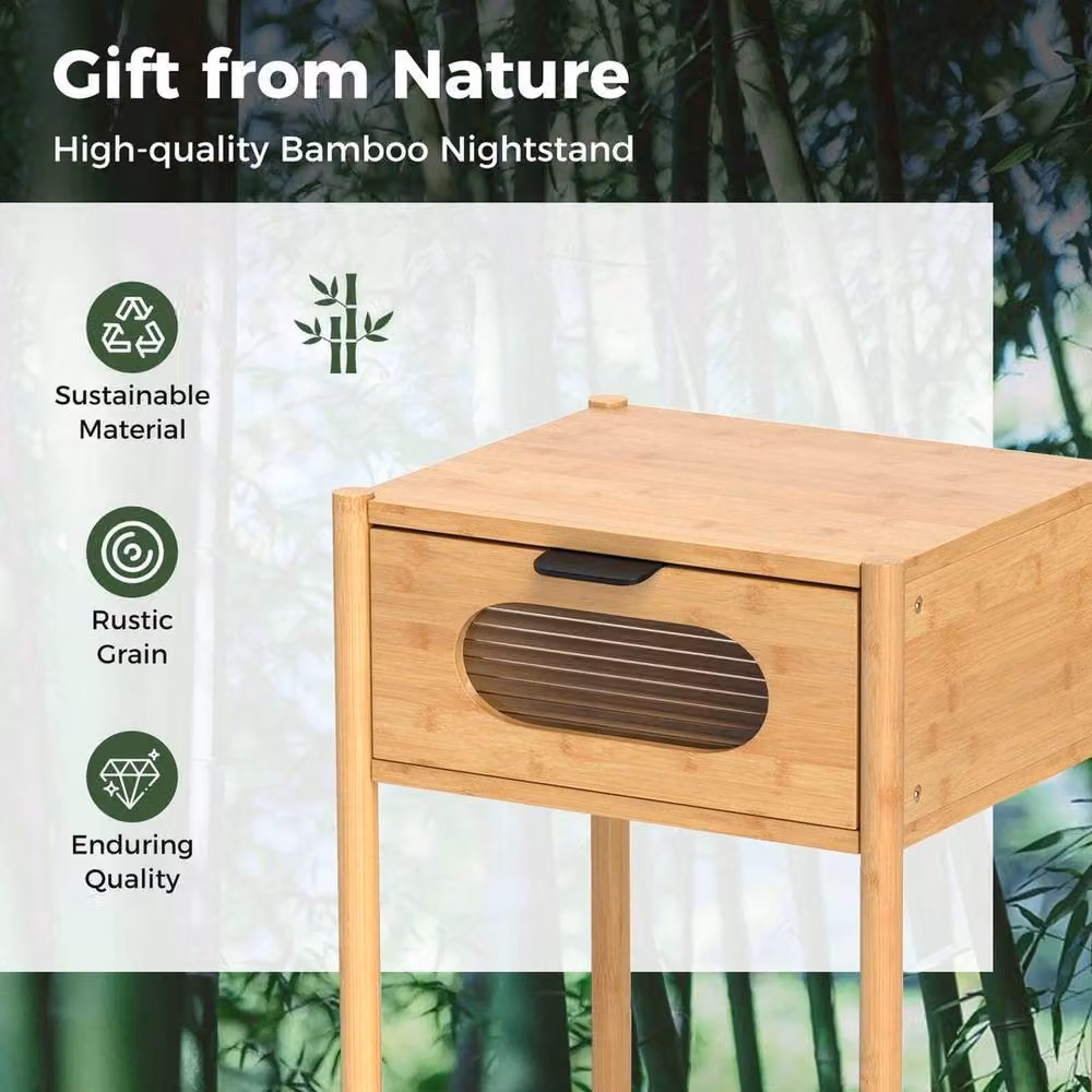 VOGREX Natural Farmhouse Nightstand with Glass Drawer in Beige – 3