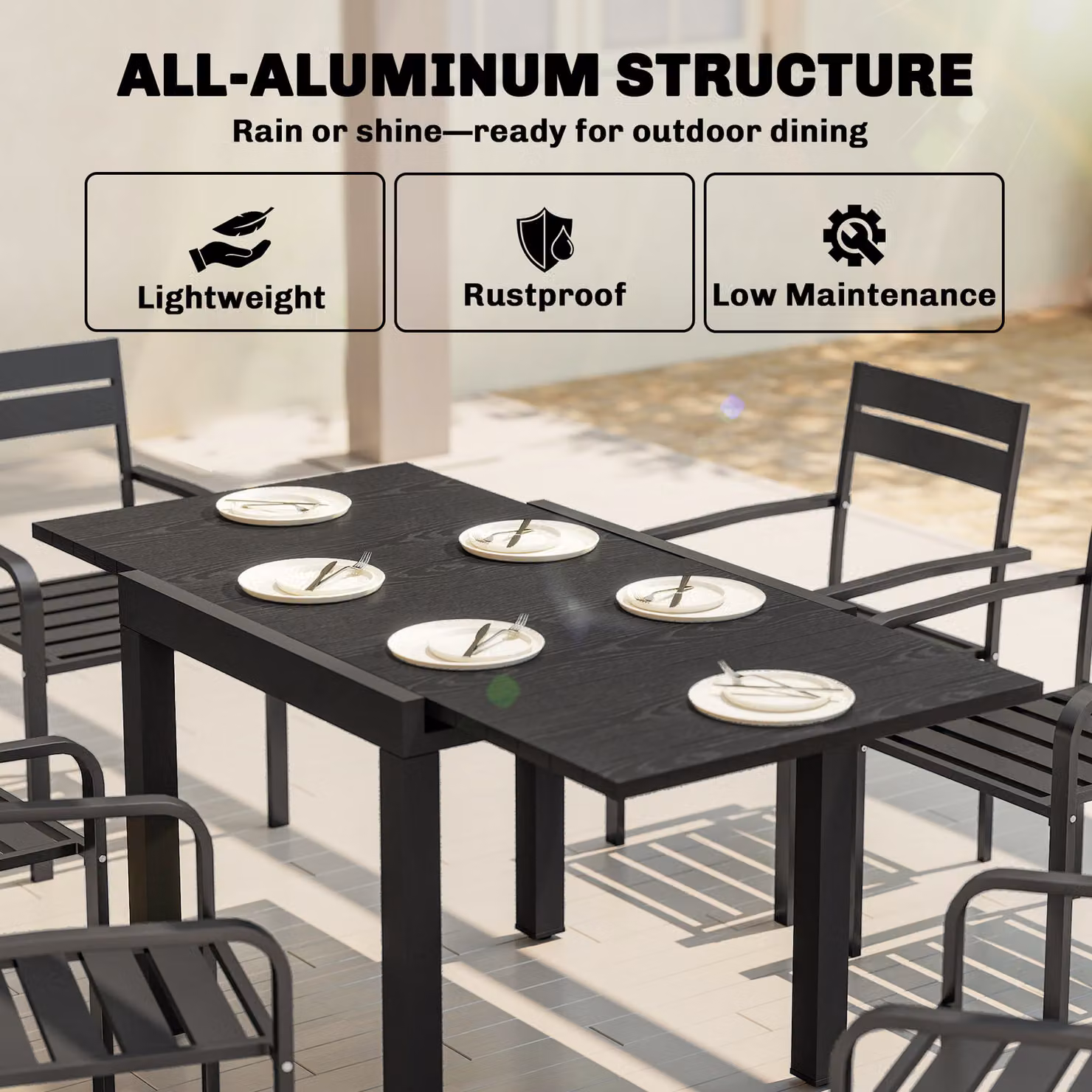 Outsunny Extendable Rectangular Garden Dining Table with Faux Wood Slatted Top, Black Aluminium – 5