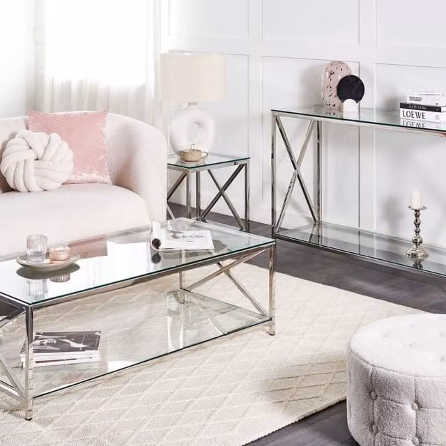 Wyld and Coco Modern Rectangular Glass Coffee Table with Silver Metal Frame W/D/H: 120 x 60 x 40 cm