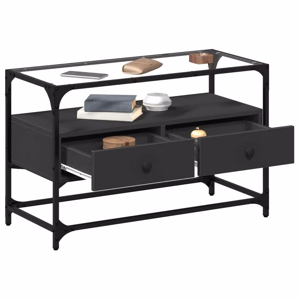 Berkfield Home Industrial TV Cabinet with Glass Top in Black, W/D/H: 80 x 35 x 51 cm – 3