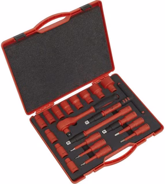 Loops 20-Piece VDE Insulated Socket and Ratchet Handle Set, 1/2 Inch Square Drive, 6 Point Metric, Red and Multicolour – 1